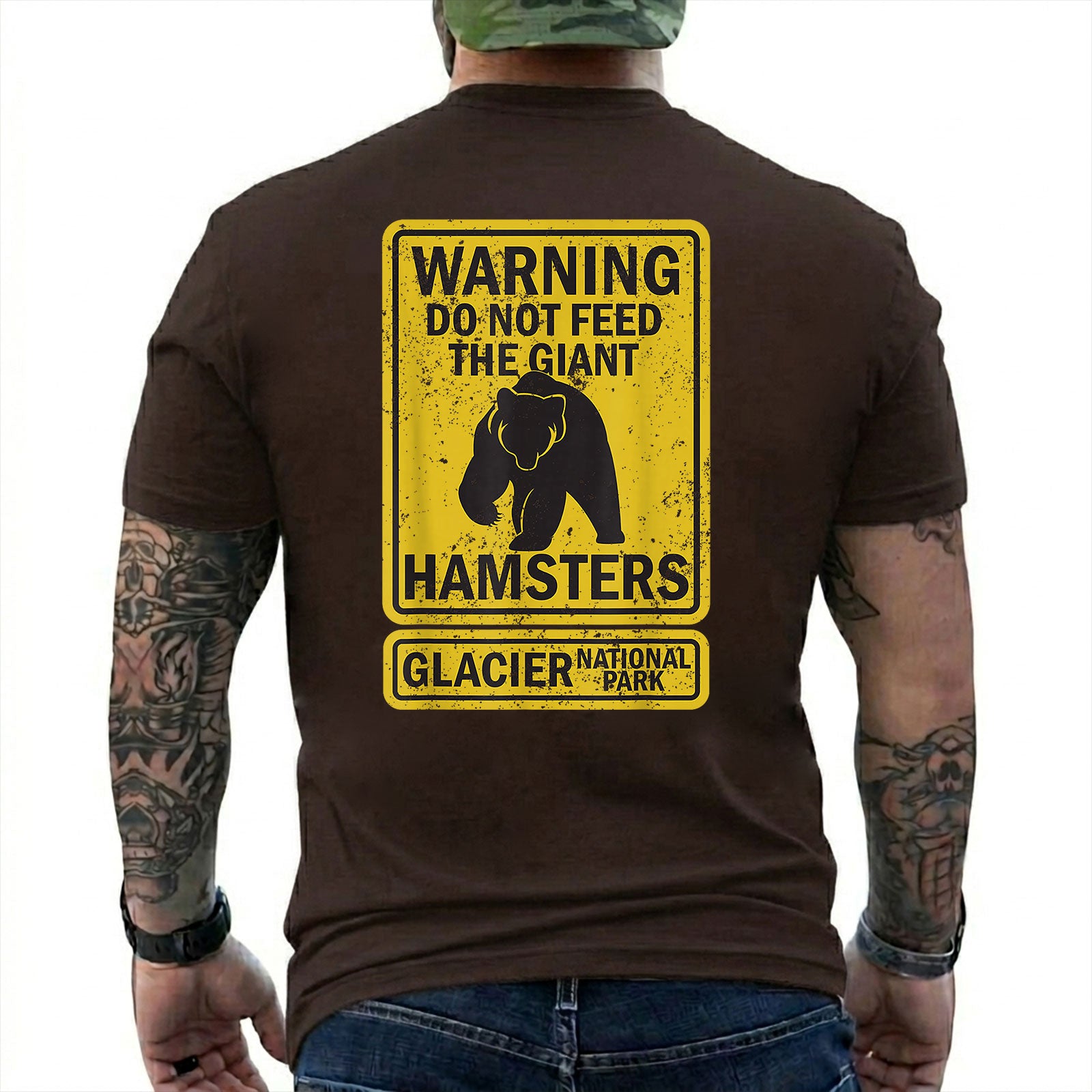 Dark Chocolate T-shirt back with yellow warning sign with a bear silhouette and giant hamsters joke