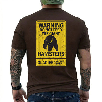 Dark Chocolate T-shirt back with yellow warning sign with a bear silhouette and giant hamsters joke