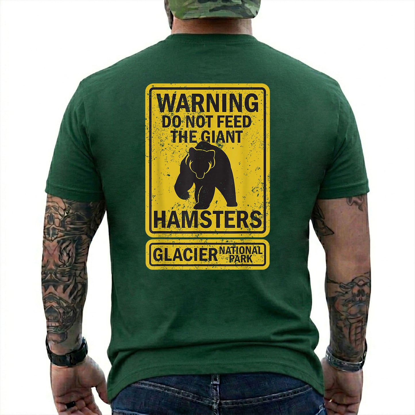 Forest Green T-shirt back with yellow warning sign with a bear silhouette and giant hamsters joke