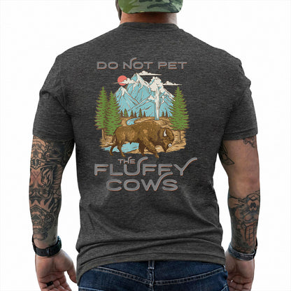 Dark Heather T-shirt back with retro bison, mountain, forest, and geyser scene with Do Not Pet The Fluffy Cows text