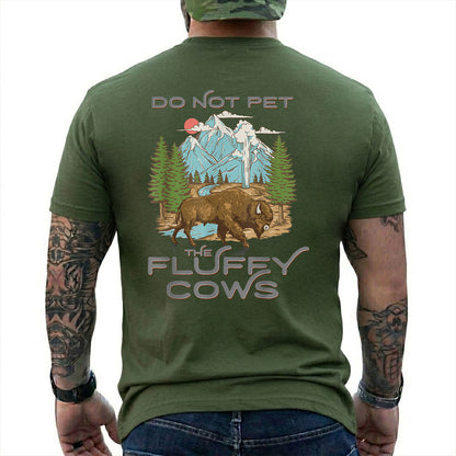 Military Green T-shirt back with retro bison, mountain, forest, and geyser scene with Do Not Pet The Fluffy Cows text