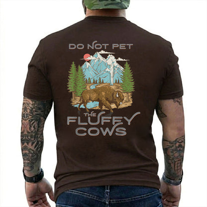 Dark Chocolate T-shirt back with retro bison, mountain, forest, and geyser scene with Do Not Pet The Fluffy Cows text