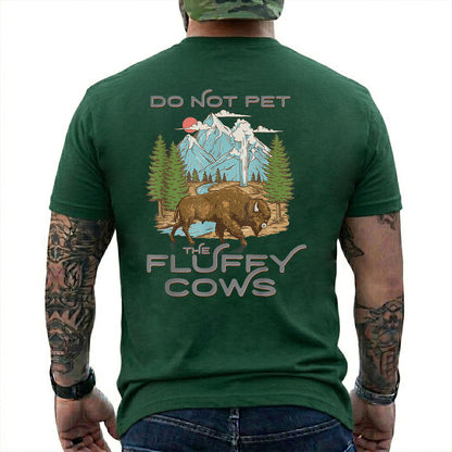 Forest Green T-shirt back with retro bison, mountain, forest, and geyser scene with Do Not Pet The Fluffy Cows text