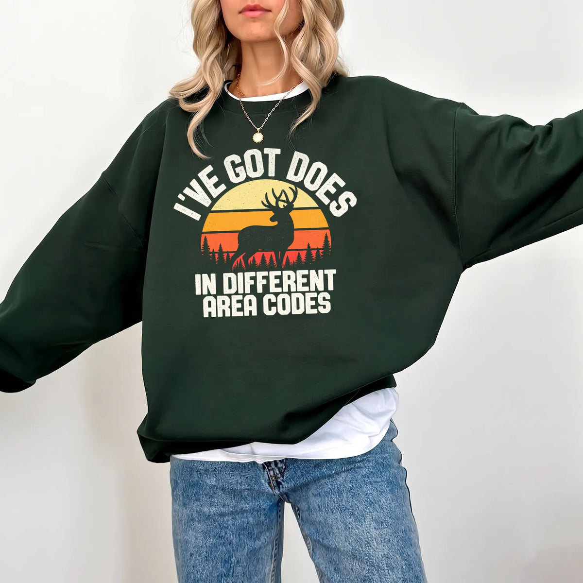 Does in Different Area Codes Sweatshirt Women model in Forest Green