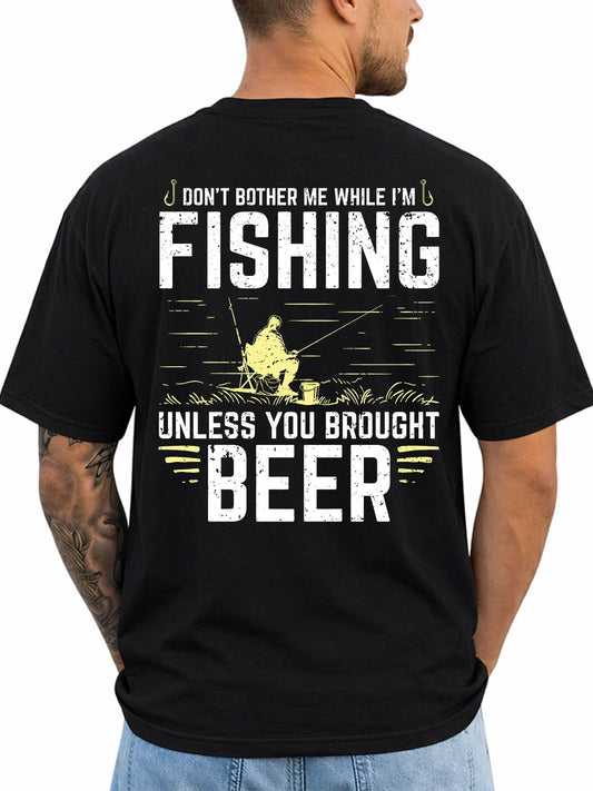 Black T-shirt back with angler graphic and 'Don't Bother Me While I'm Fishing Unless You Brought Beer' slogan