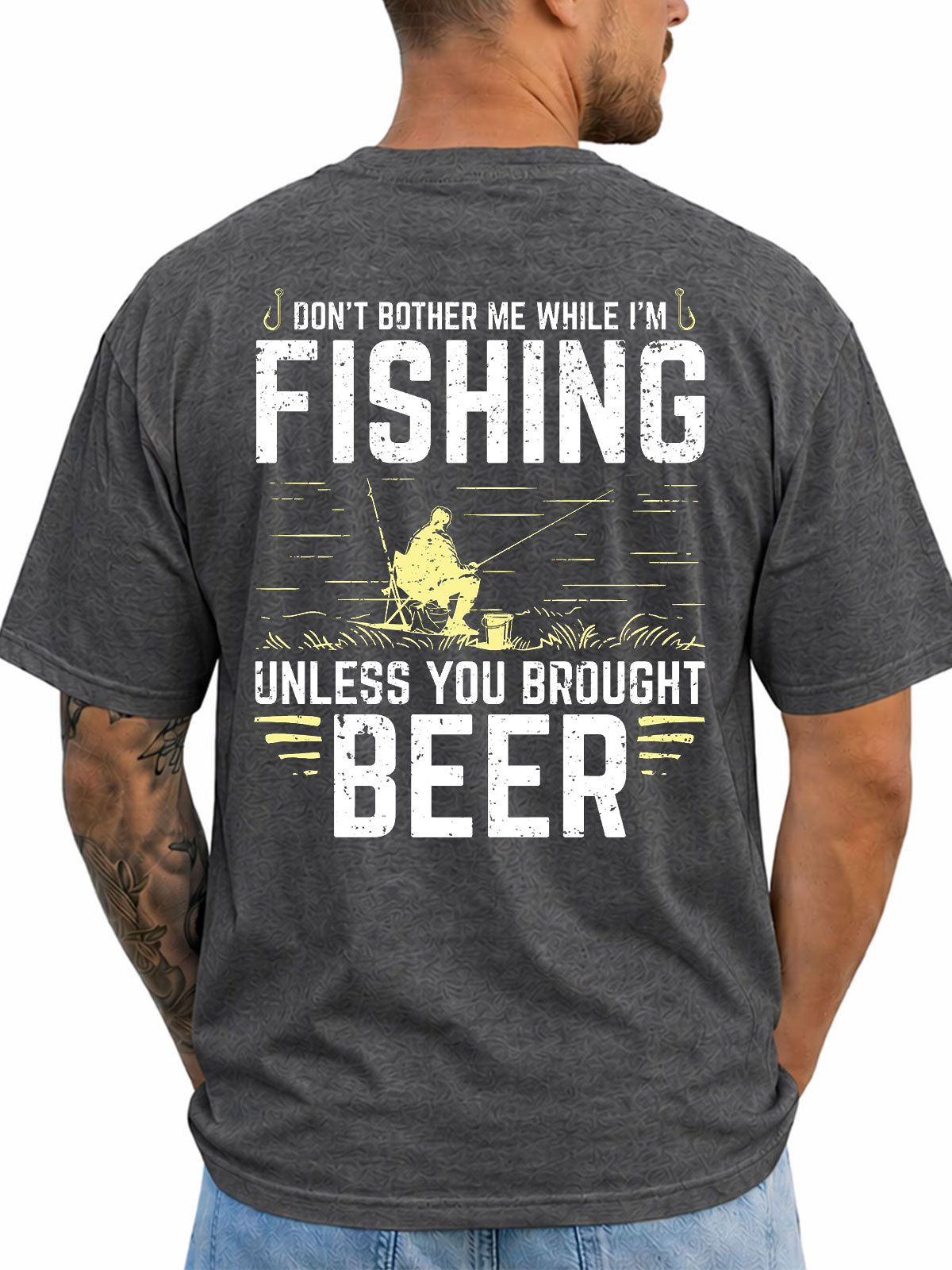 Dark heather T-shirt back with distressed angler and beer fishing joke graphic