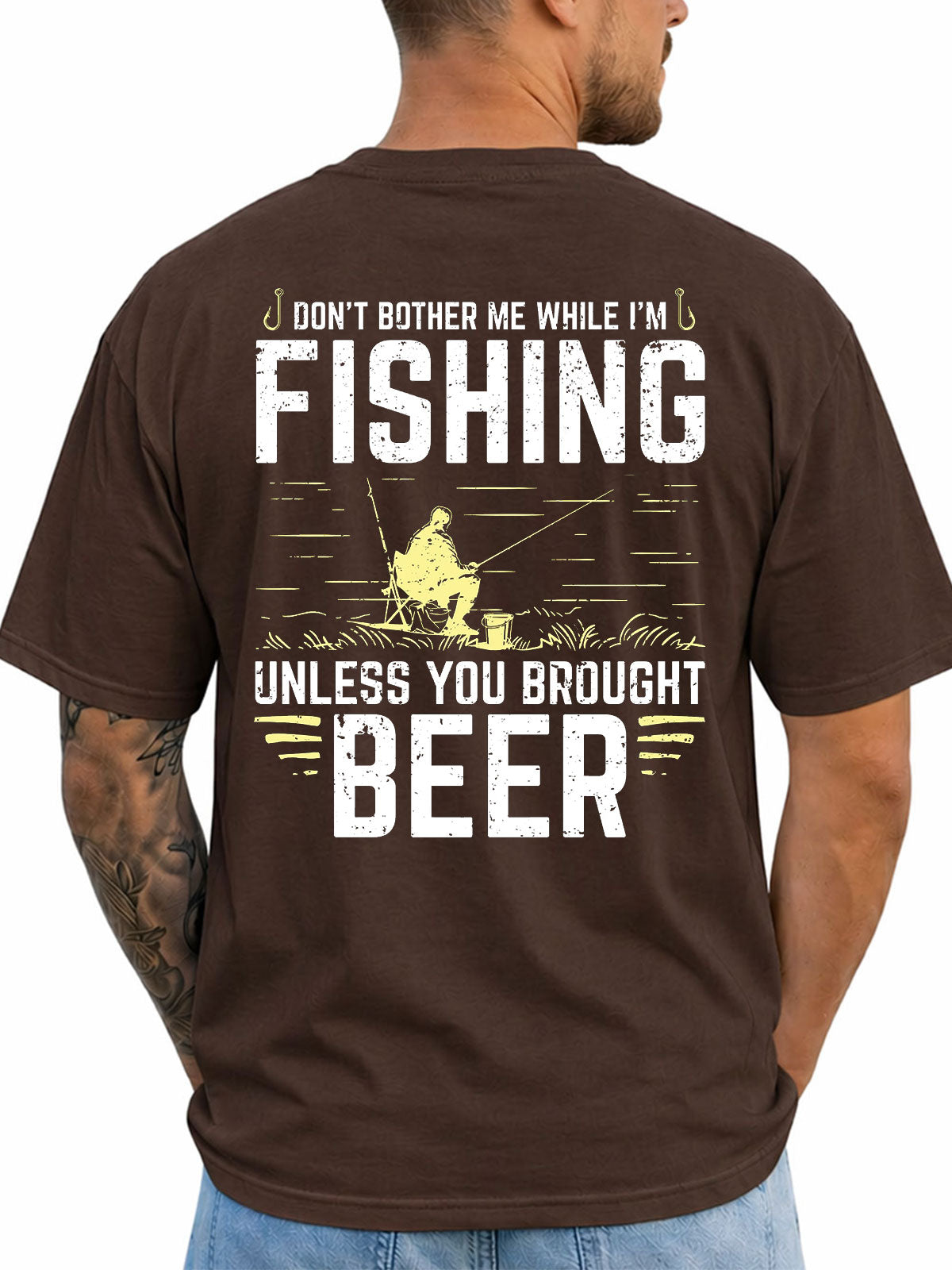 Dark chocolate T-shirt back with distressed fishing and beer humor design