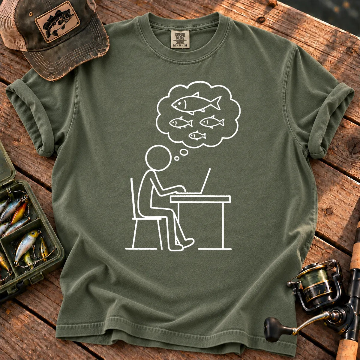 Dreaming of Fishing at Work T-Shirt in Moss