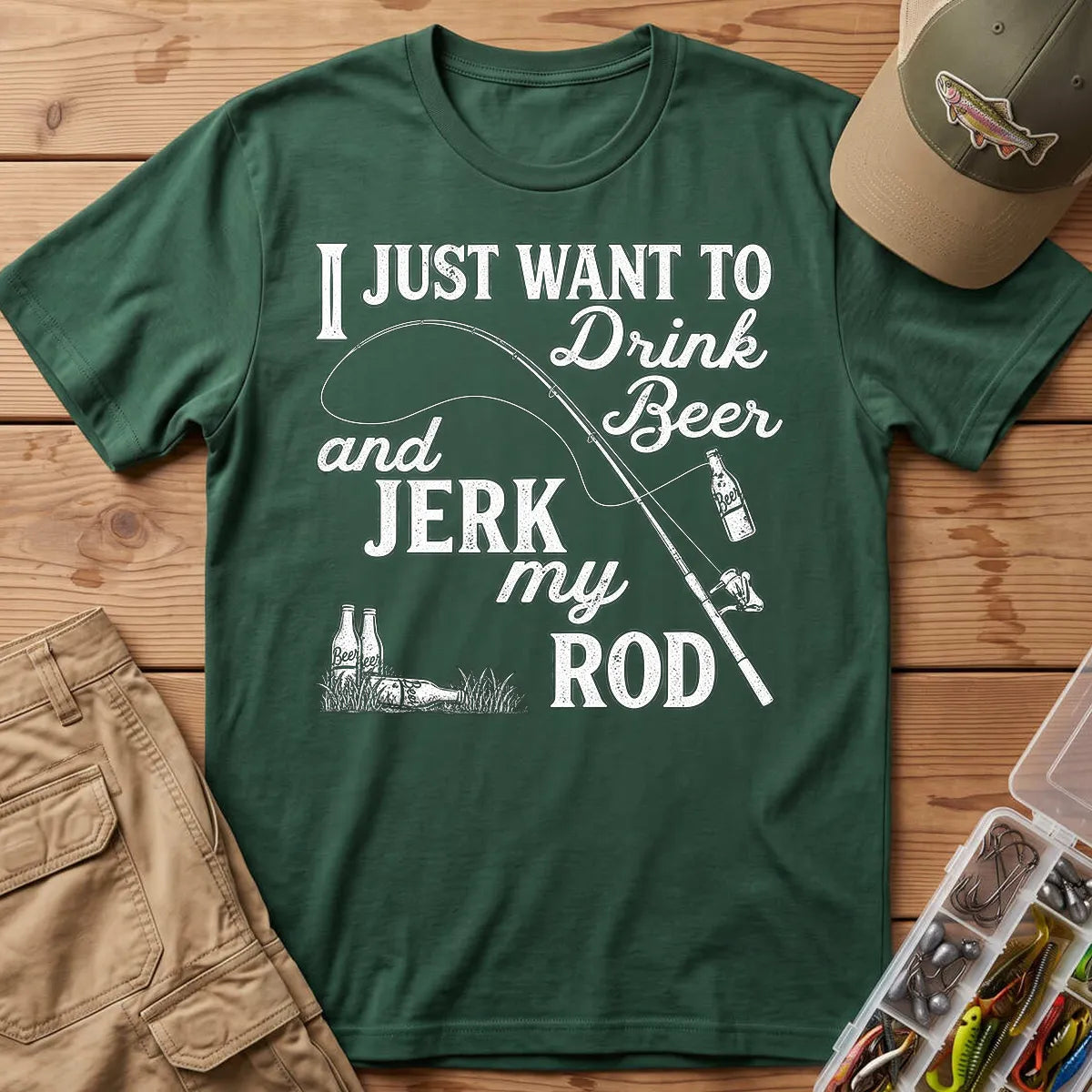Drink Beer and Fish T-Shirt in Forest Green