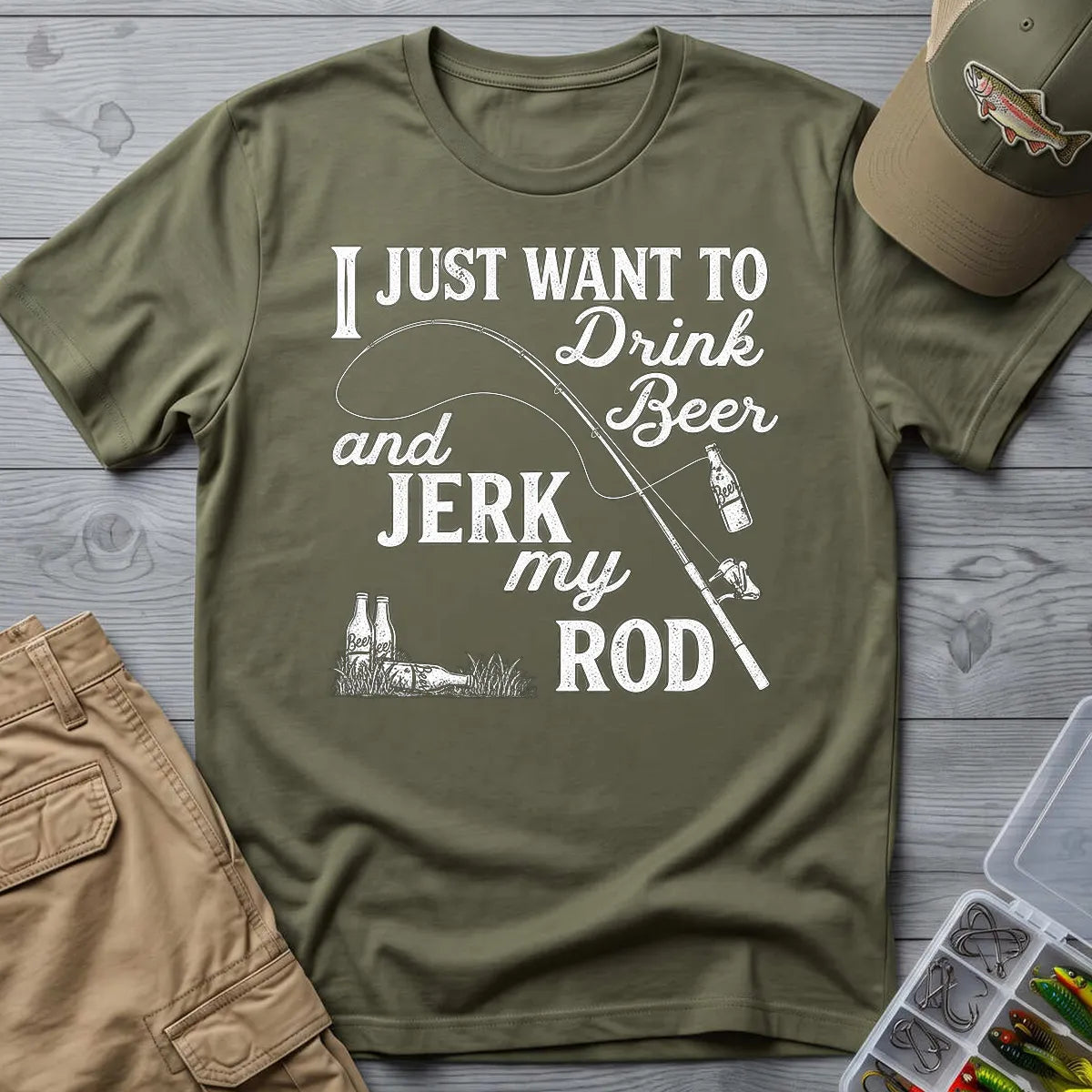 Drink Beer and Fish T-Shirt in Military Green
