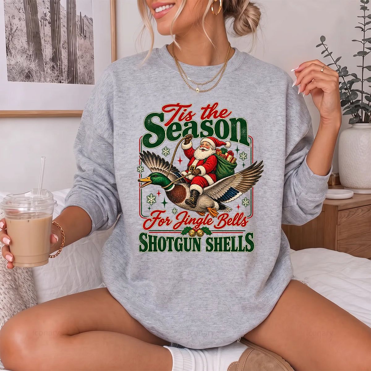 Duck Hunting Christmas Sweatshirt Women model in Sport Grey