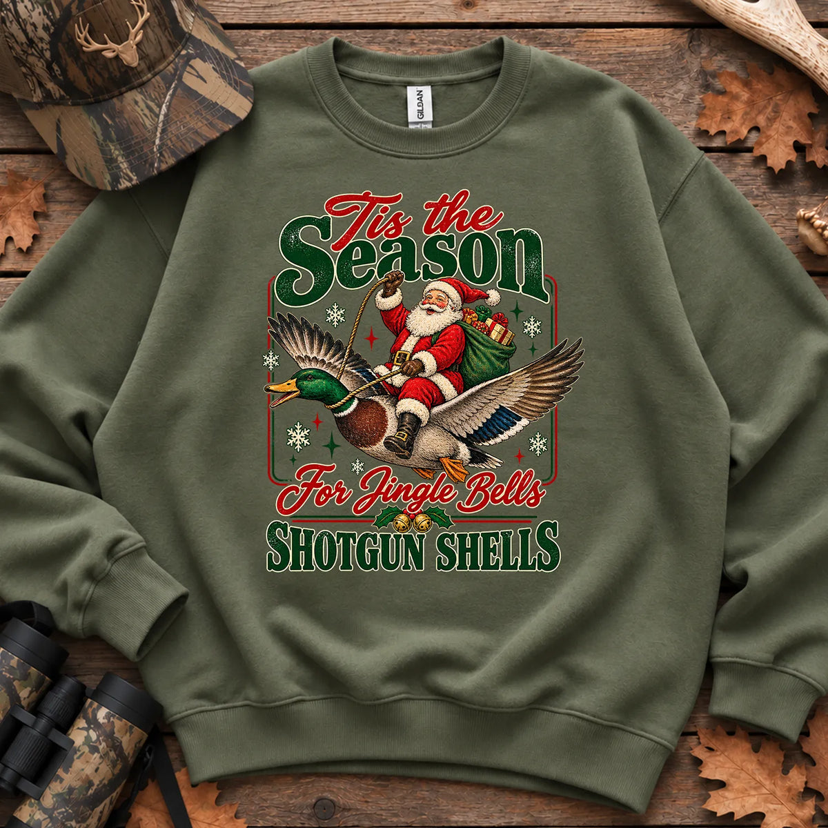 Duck Hunting Christmas Sweatshirt in Military Green