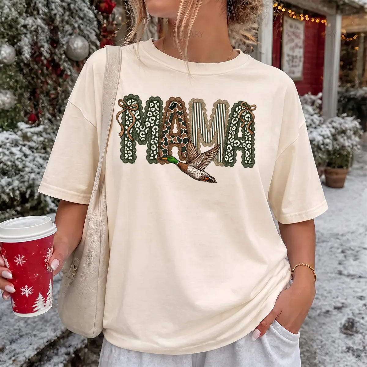 Duck Hunting Mama T-Shirt Women model in Ivory