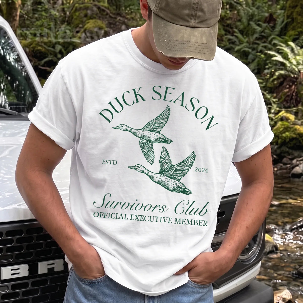 Duck Season Survivor T-Shirt Men model in White