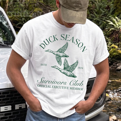 Duck Season Survivor T-Shirt Men model in White