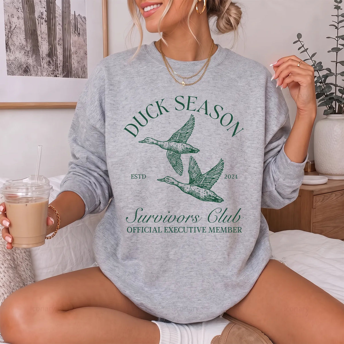 Duck Season Survivors Club Sweatshirt Women model in Sport Grey