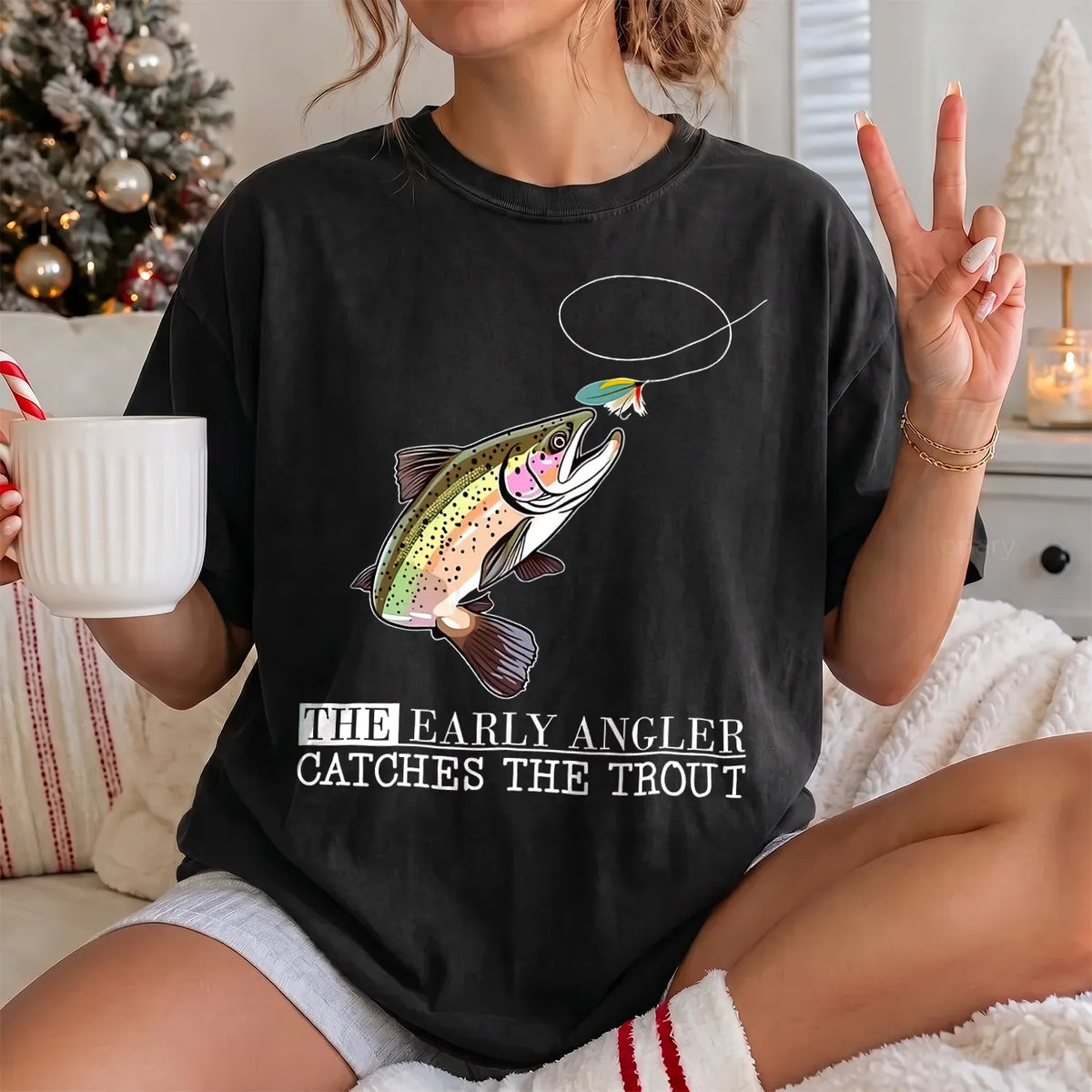 Early Angler Trout T-Shirt Women model in Black