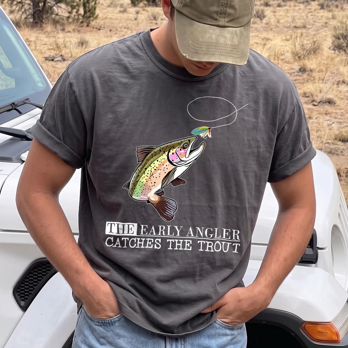 Early Angler Trout T-Shirt Men model in Pepper