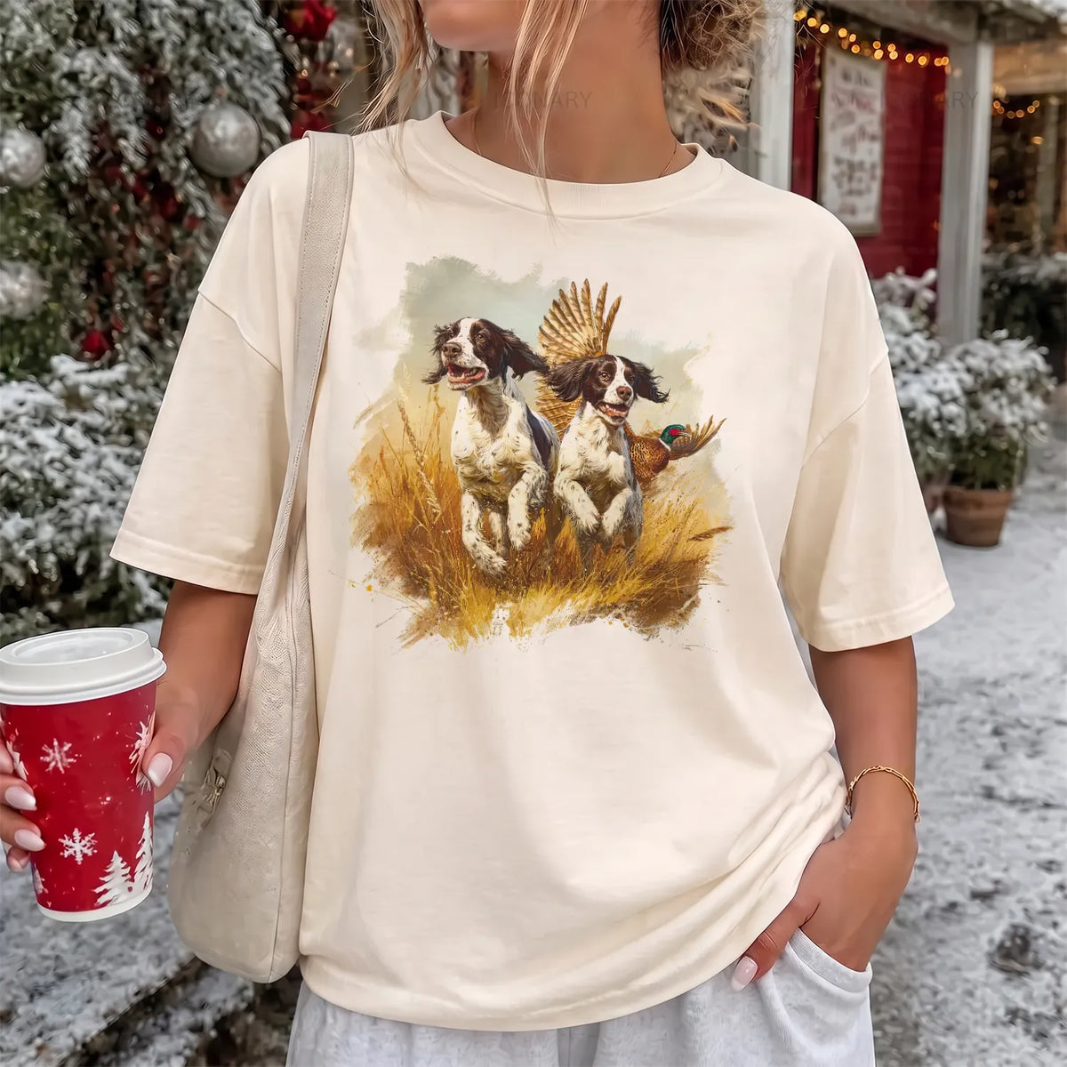 English Springer Spaniel T-Shirt Women model in Ivory