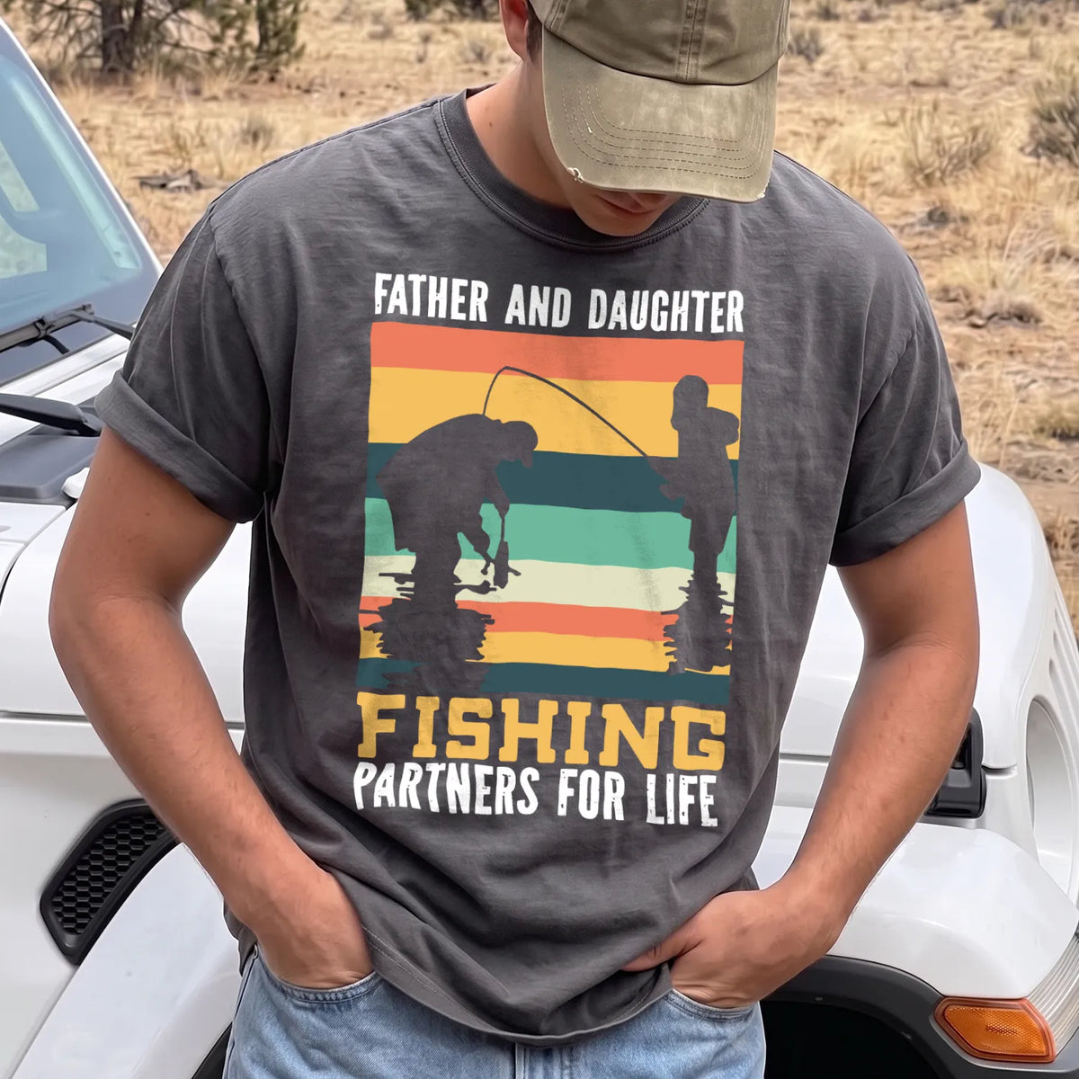 Father and Daughter Fishing T-Shirt Men model in Pepper