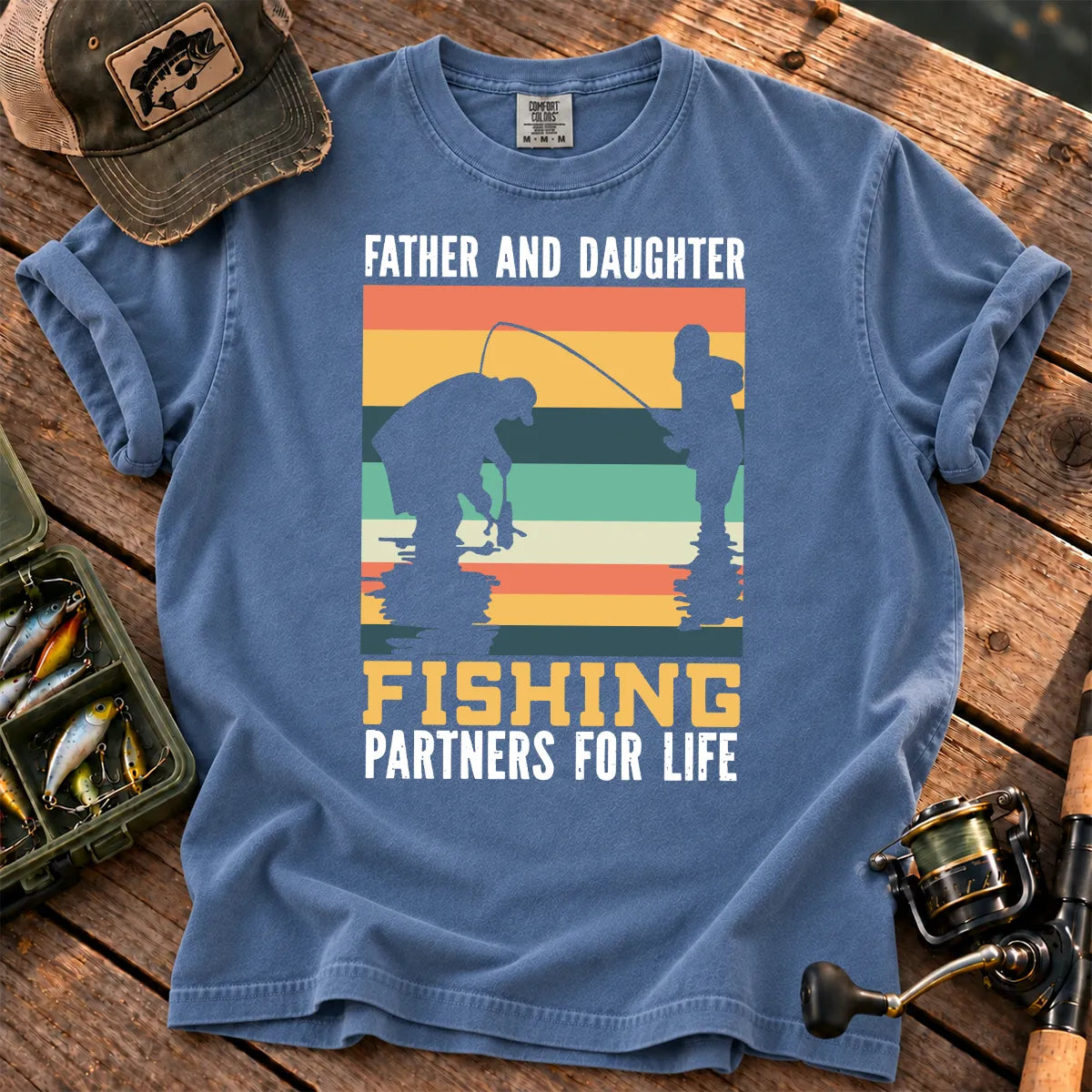 Father and Daughter Fishing T-Shirt in Blue Jean