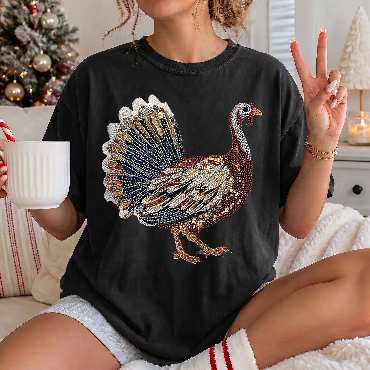 Faux Rhinestone Turkey T-Shirt Women model in Black
