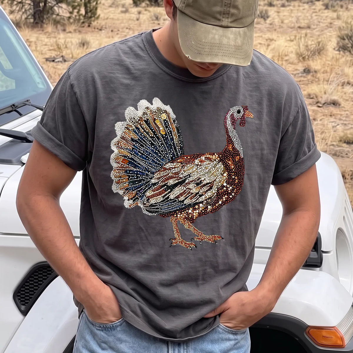 Faux Rhinestone Turkey T-Shirt Men model in Pepper