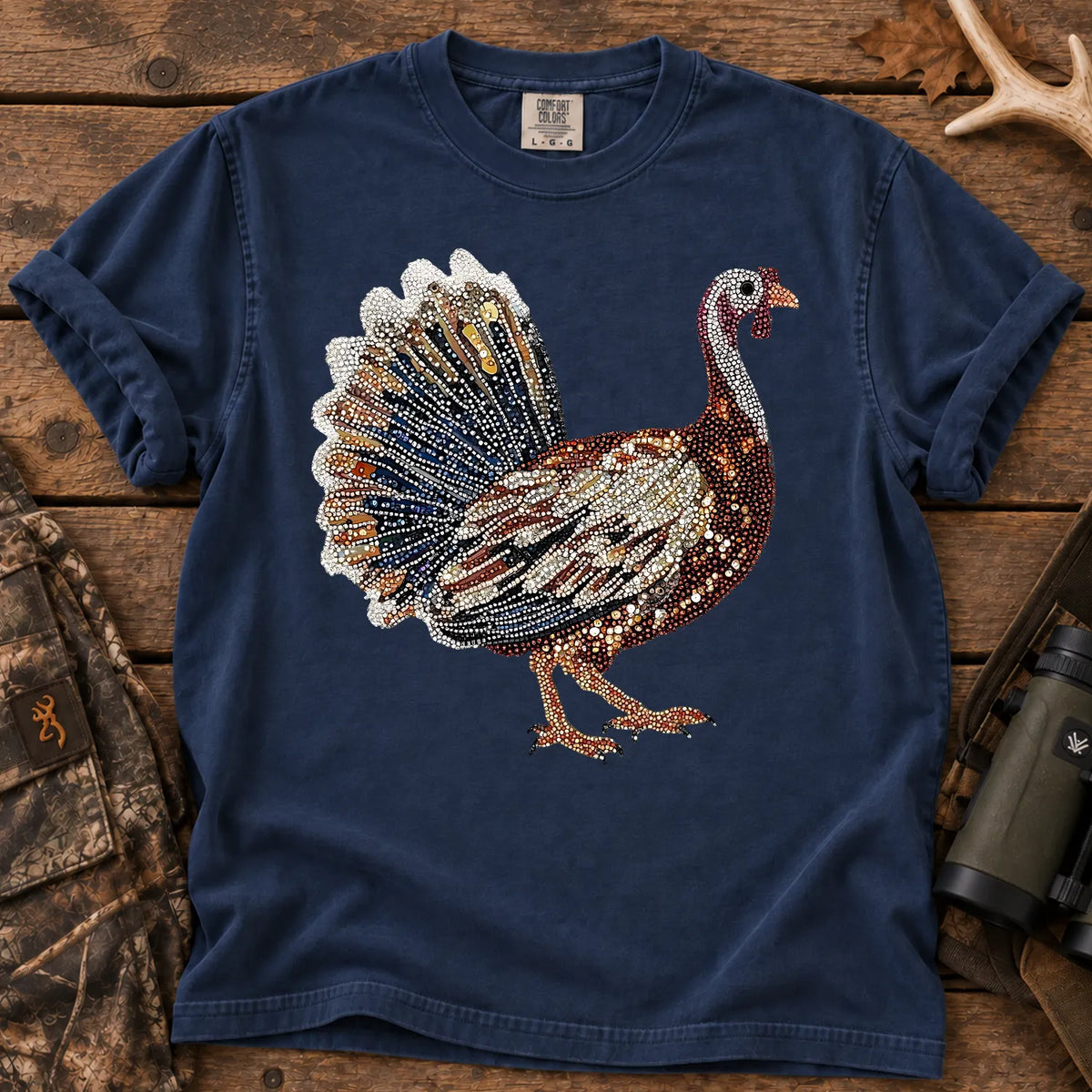 Faux Rhinestone Turkey T-Shirt in True Navy