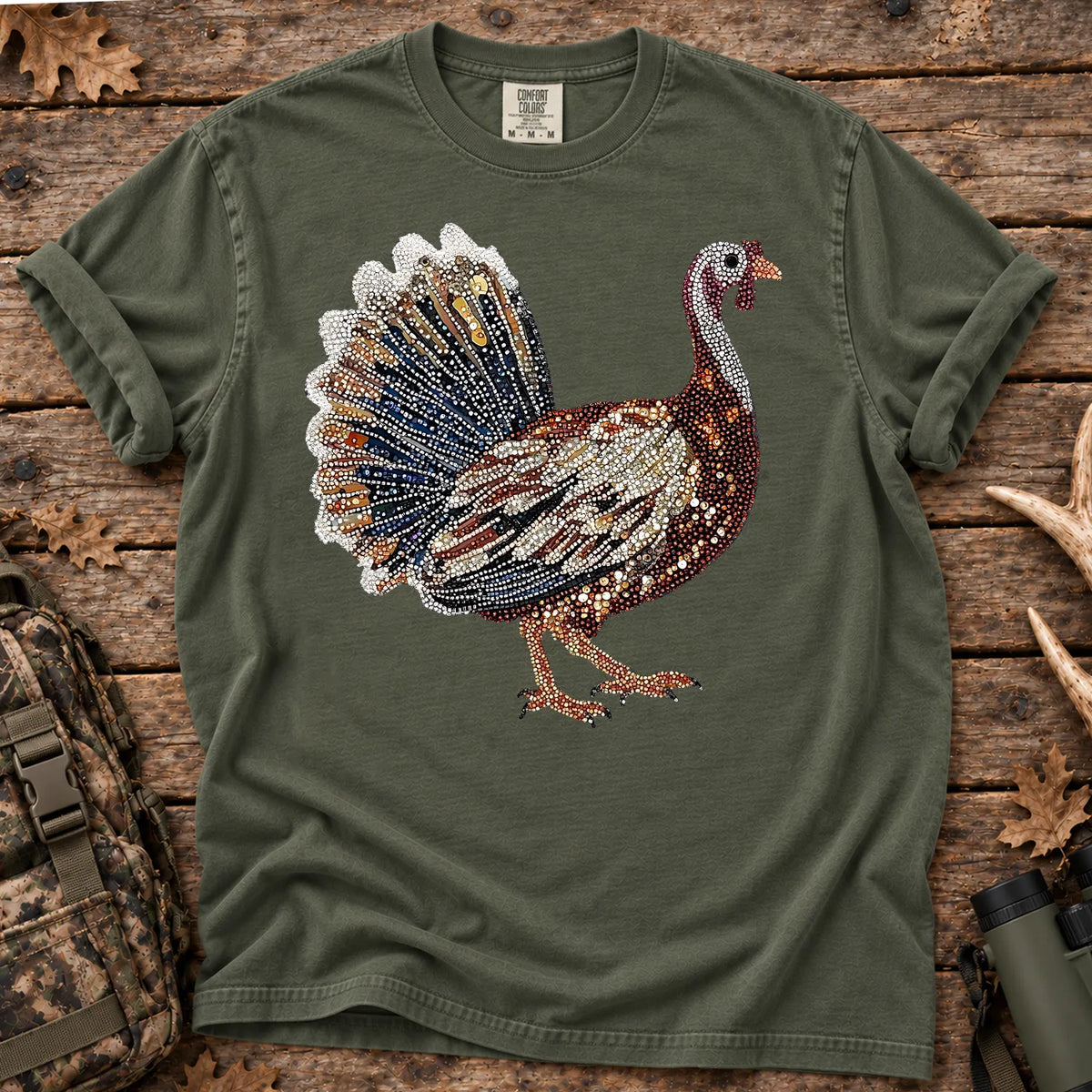 Faux Rhinestone Turkey T-Shirt in Moss