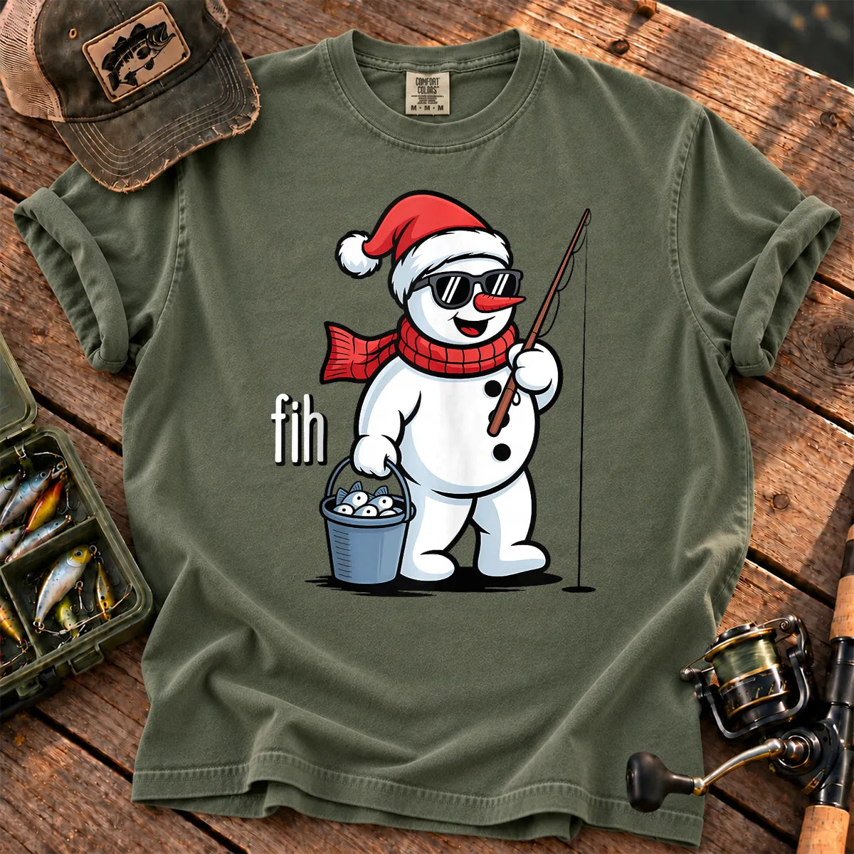 Fih Snowman Fishing T-Shirt in Moss