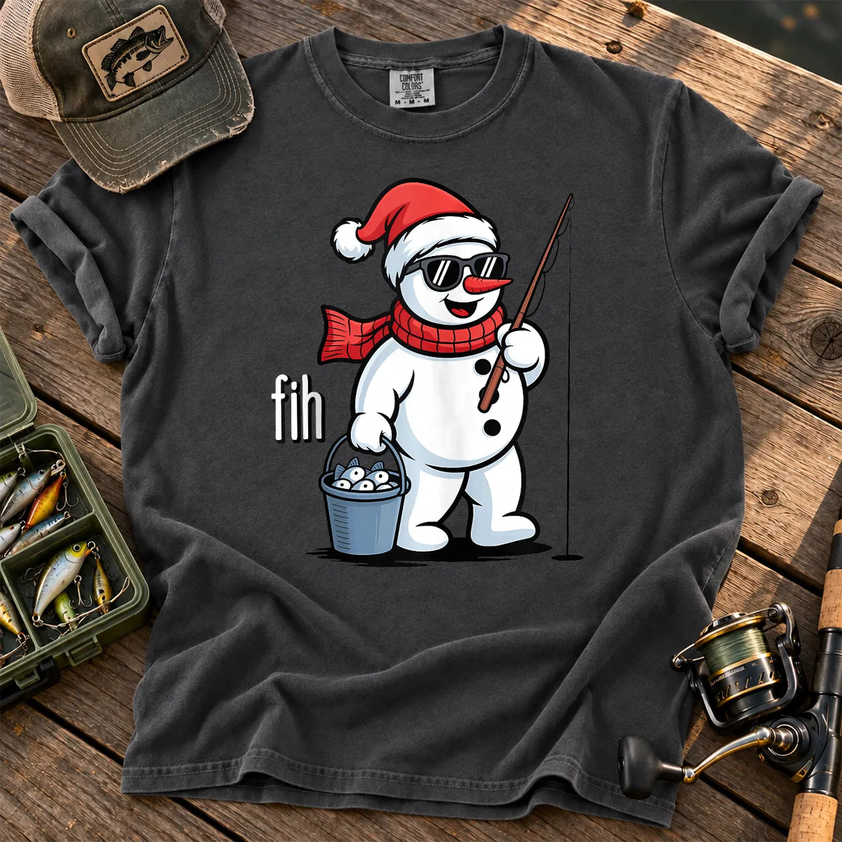 Fih Snowman Fishing T-Shirt in Pepper