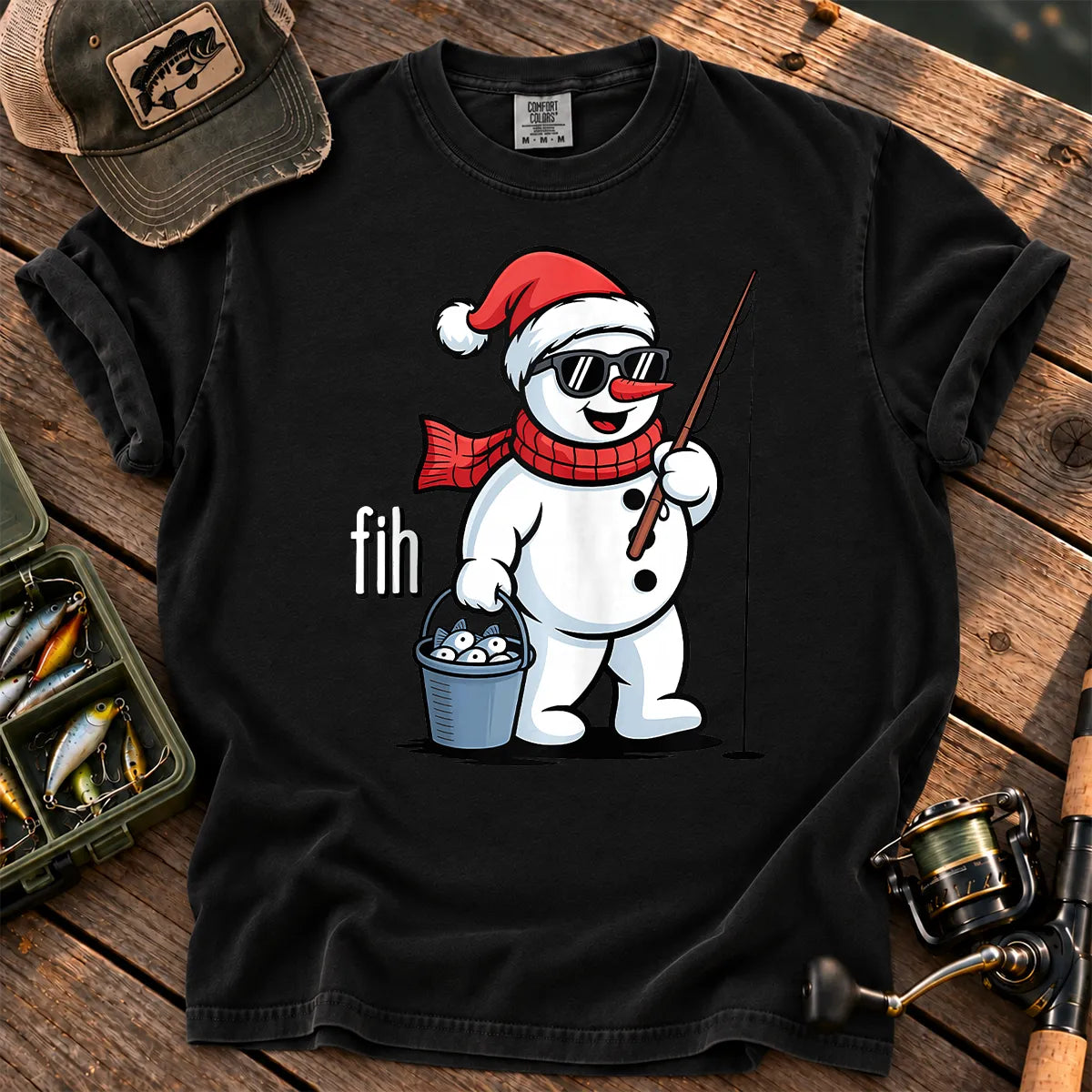Fih Snowman Fishing T-Shirt in Black
