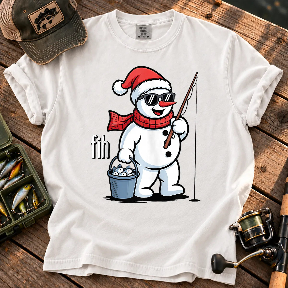 Fih Snowman Fishing T-Shirt in White