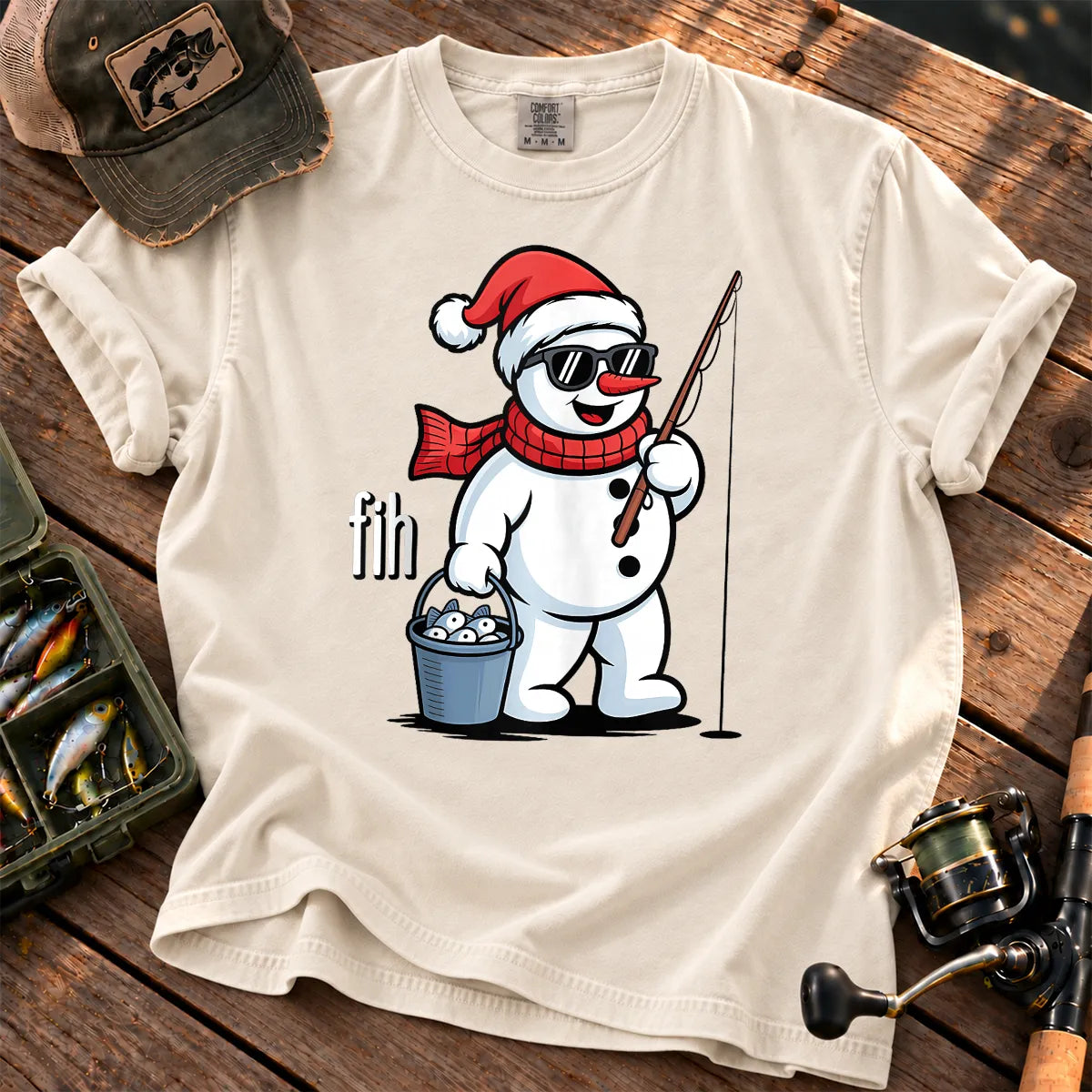 Fih Snowman Fishing T-Shirt in Ivory