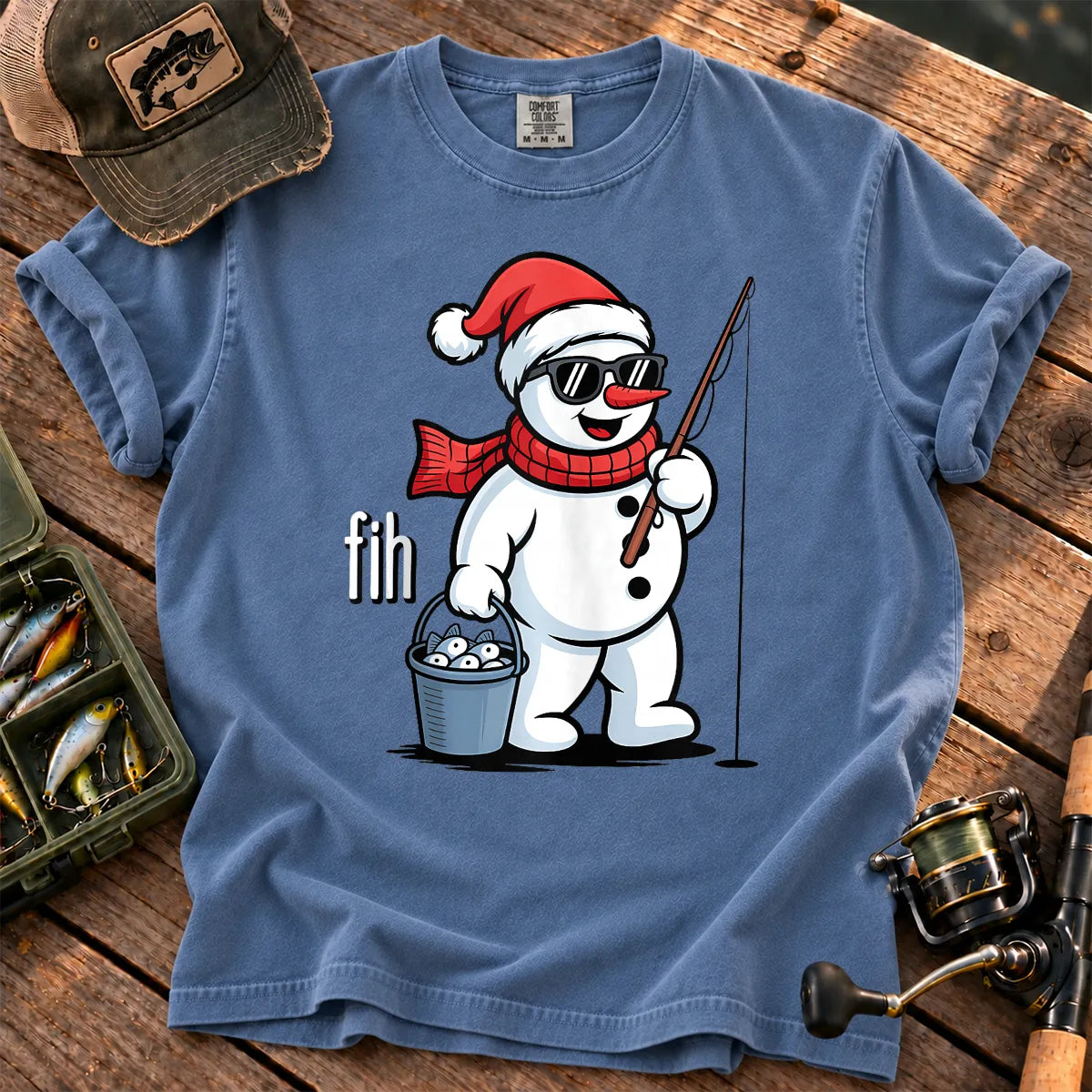 Fih Snowman Fishing T-Shirt in Blue Jean