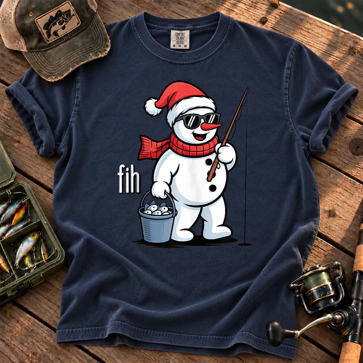 Fih Snowman Fishing T-Shirt in True Navy