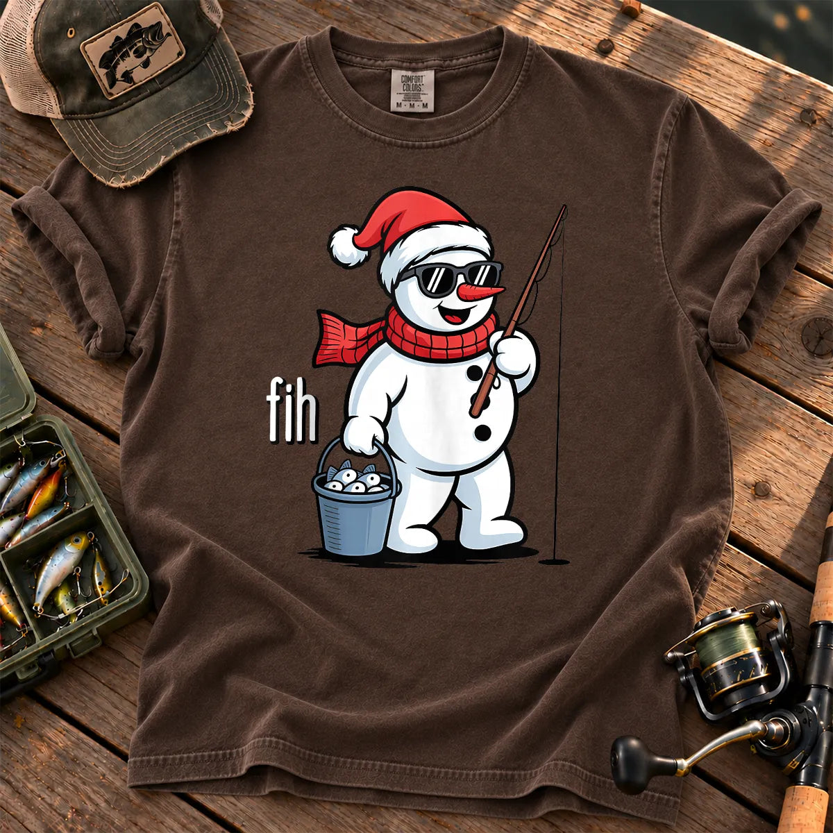 Fih Snowman Fishing T-Shirt in Espresso