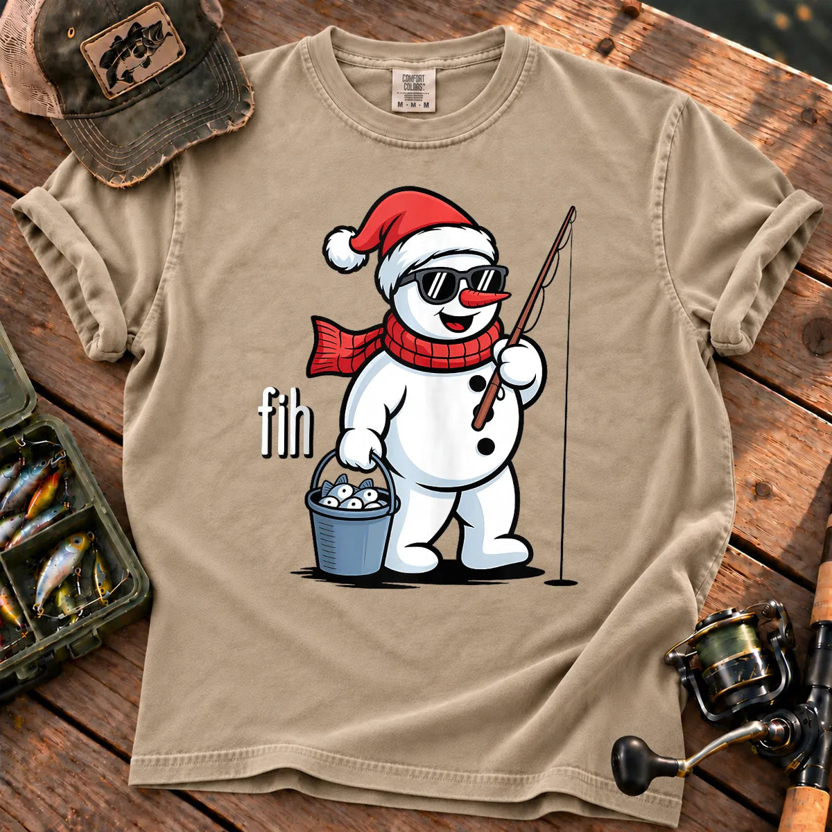 Fih Snowman Fishing T-Shirt in Sandstone