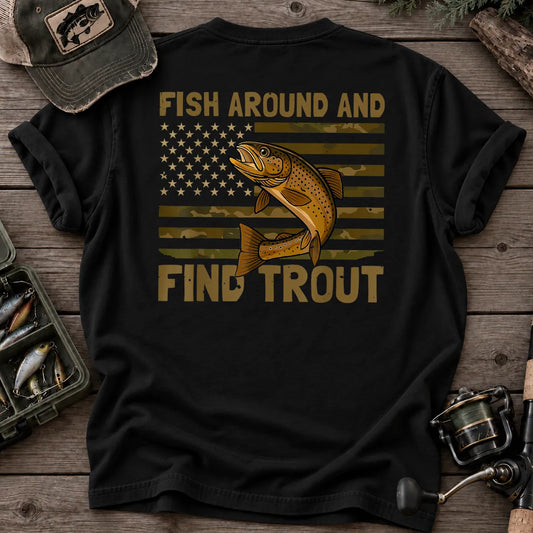 Fish Around and Find Trout American Flag T-Shirt in Black