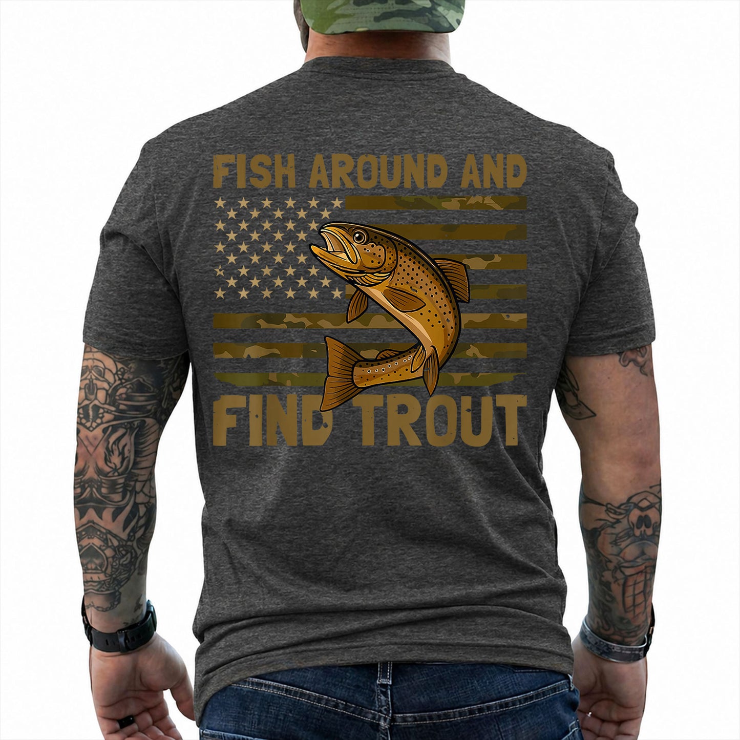 Dark Heather T-shirt back with spotted trout over a camouflage American flag and Fish Around slogan