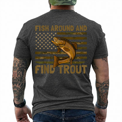 Dark Heather T-shirt back with spotted trout over a camouflage American flag and Fish Around slogan