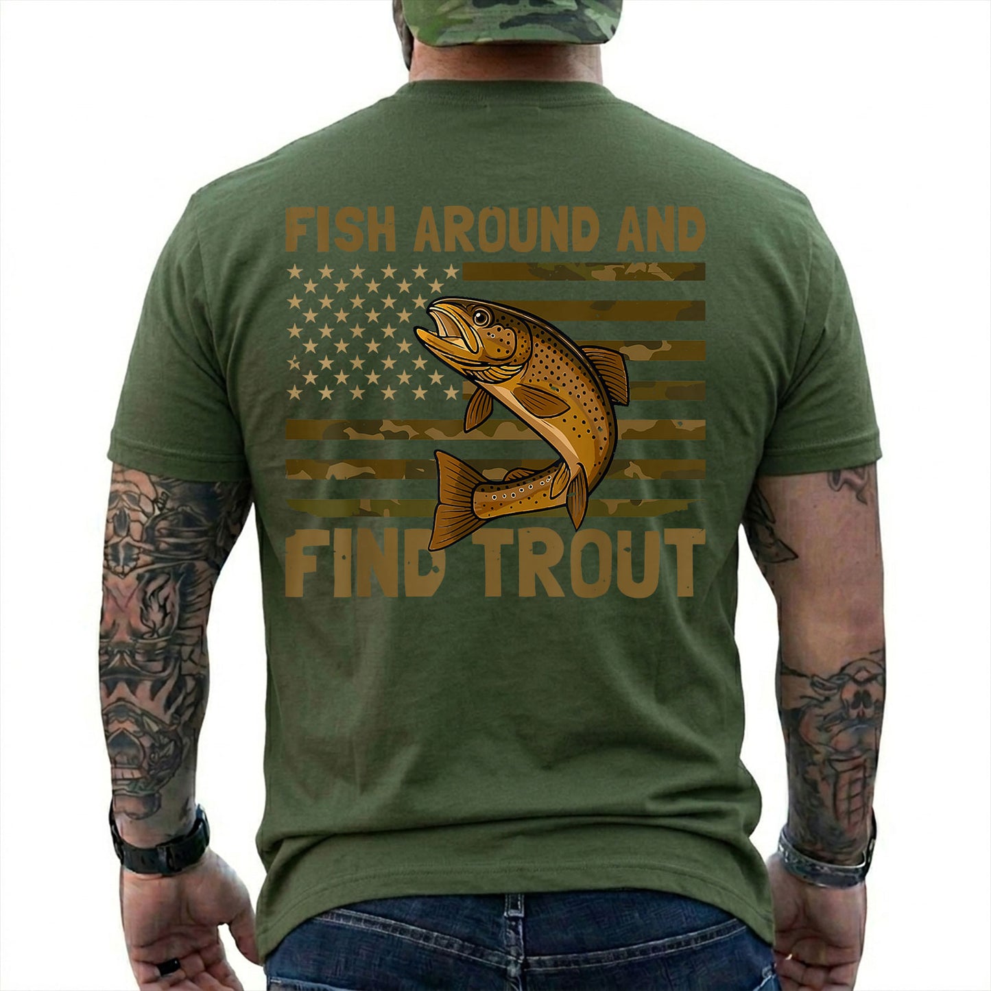 Military Green T-shirt back with spotted trout over a camouflage American flag and Fish Around slogan