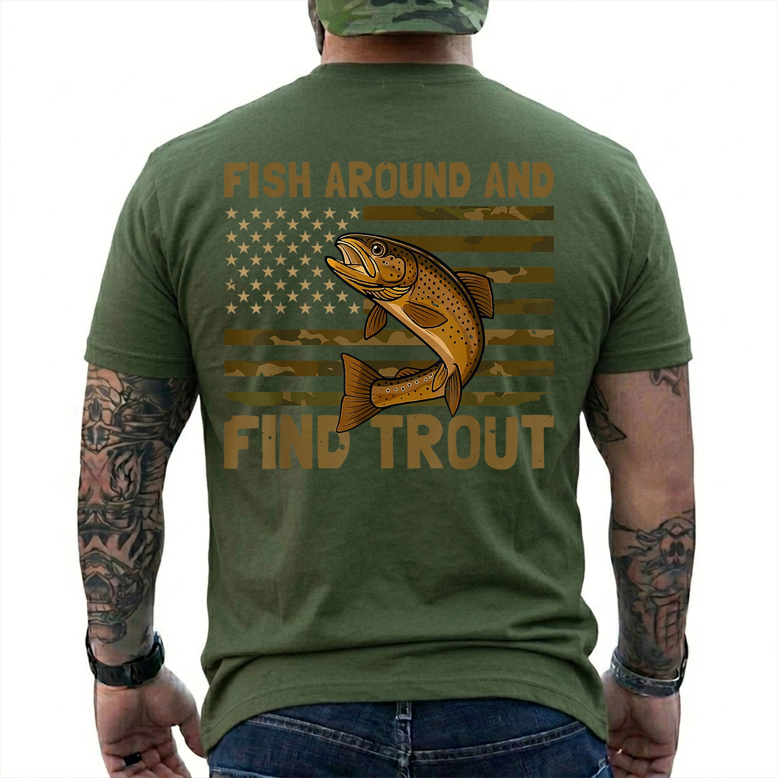 Military Green T-shirt back with spotted trout over a camouflage American flag and Fish Around slogan