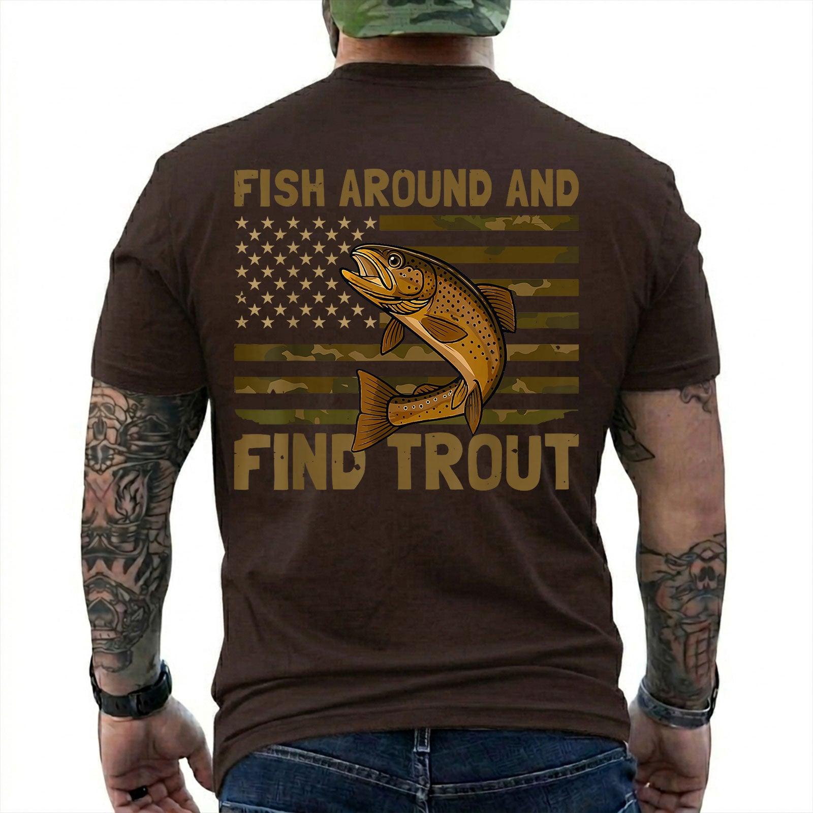 Dark Chocolate T-shirt back with spotted trout over a camouflage American flag and Fish Around slogan