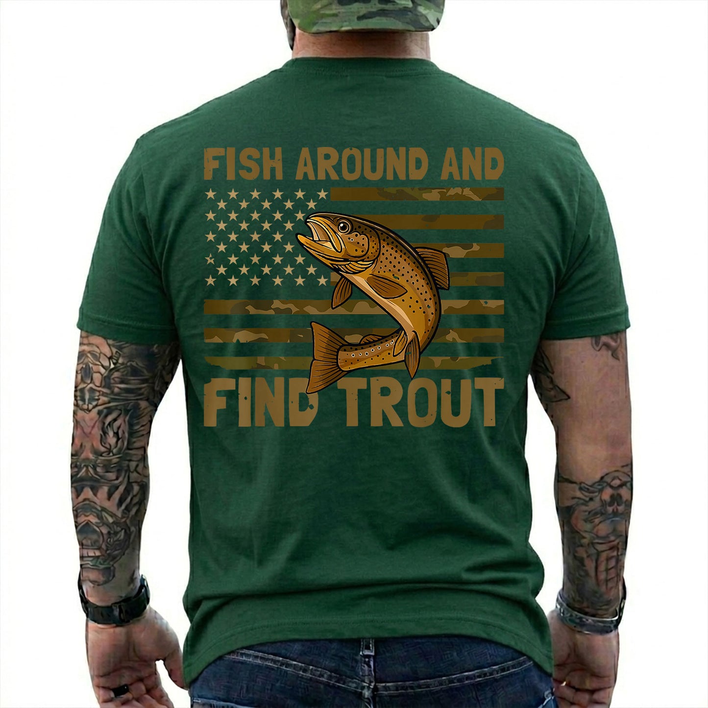 Navy T-shirt back with spotted trout over a camouflage American flag and Fish Around slogan