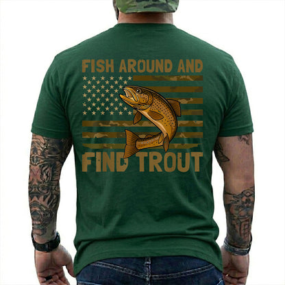 Navy T-shirt back with spotted trout over a camouflage American flag and Fish Around slogan