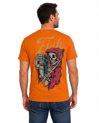 Orange T-shirt back with hooded grim reaper holding a fish and rod reading 'FISH FEAR ME'