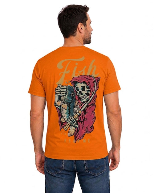 Orange T-shirt back with hooded grim reaper holding a fish and rod reading 'FISH FEAR ME'
