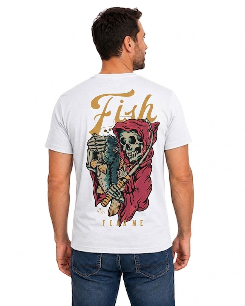 White T-shirt back with hooded grim reaper holding a fish and rod