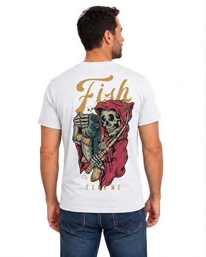 White T-shirt back with hooded grim reaper holding a fish and rod